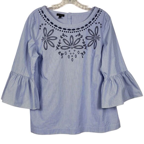 Talbots Tops - TALBOTS Embroidered Striped Blouse Top Size Large Bell Sleeves Blue White EUC